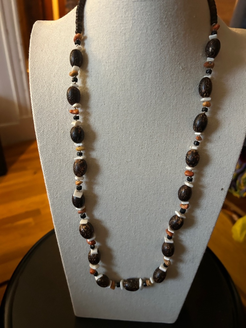 Wood Wood Brown Bead Necklace with White and Orange Accents